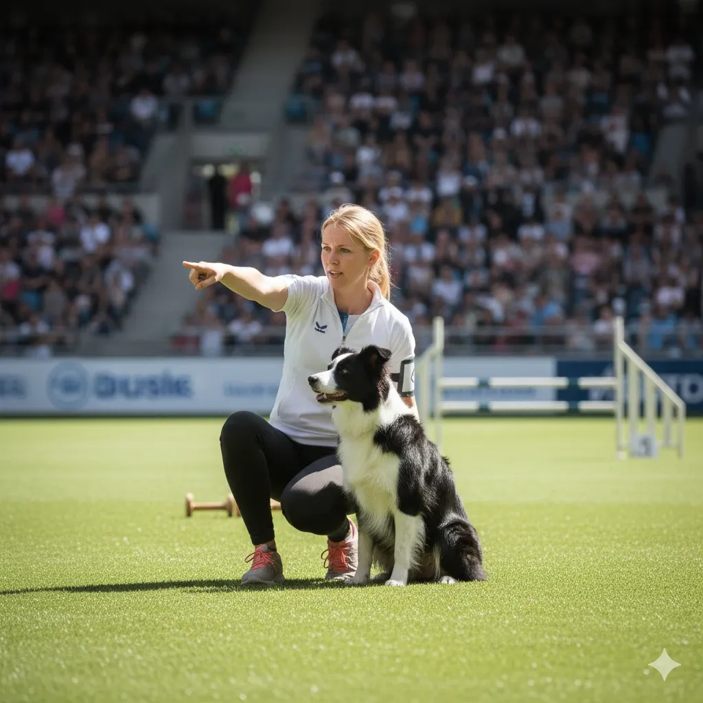 Cane e conduttore durante una gara di Obedience a Roma, mostrando perfetta sintonia e precisione nell'esecuzione di un esercizio.