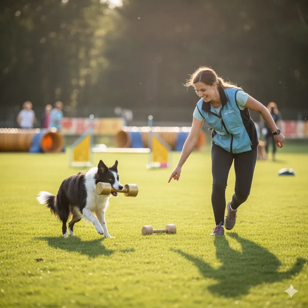Conduttore che impartisce un comando a distanza a un cane attento, evidenziando il controllo e la concentrazione richiesti nell'Obedience a Roma.