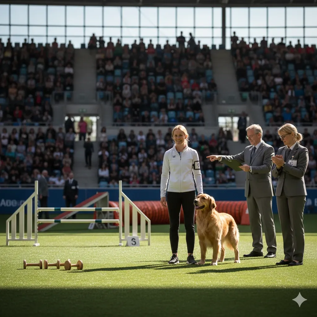 Un cane concentrato esegue un esercizio di Obedience, dimostrando la precisione richiesta dalla guida.