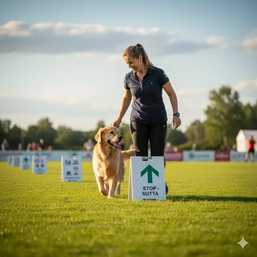 Binomio cane-conduttore che esegue un esercizio di fianco durante un percorso di Rally Obedience.
